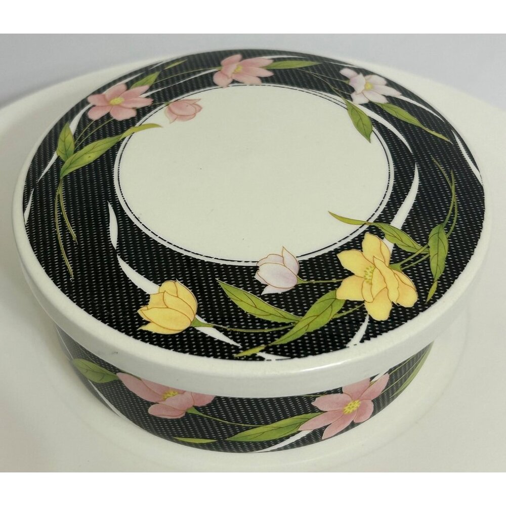Vintage Oriental Floral Trinket / Jewelry Dish w/ Lid Black Yellow Pink Korea